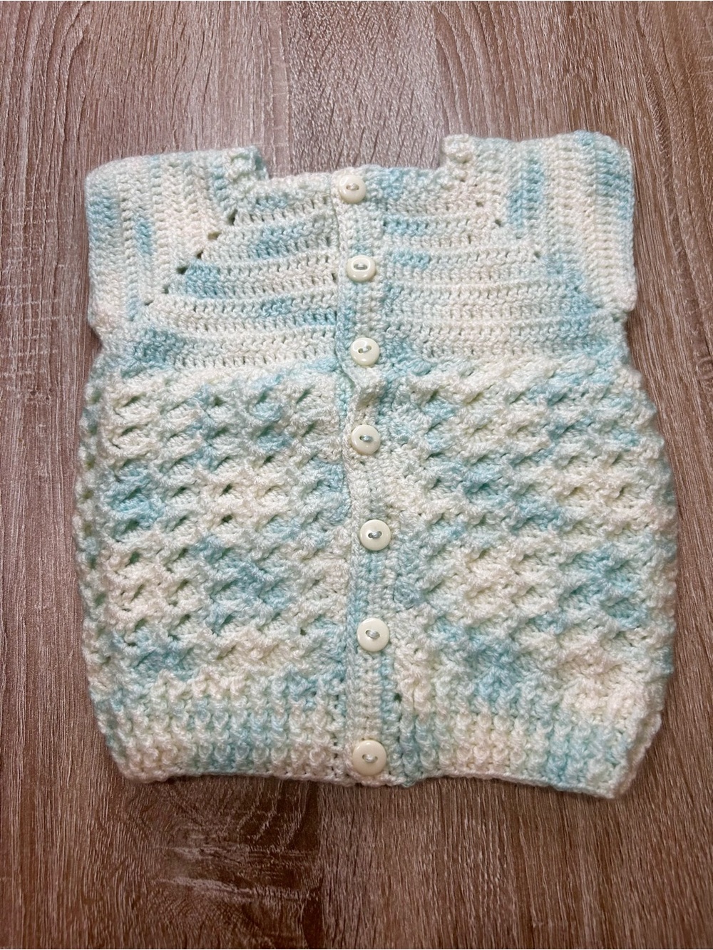 Handmade Crochet Baby Vest in White and Light Blue